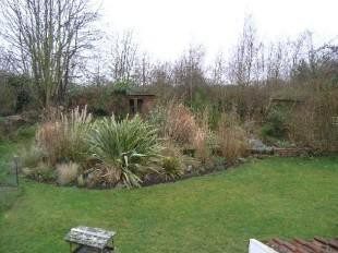 A garden with benches and trees in the background.