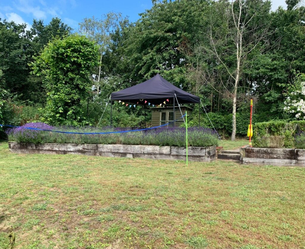 A black umbrella sitting in the middle of a field.