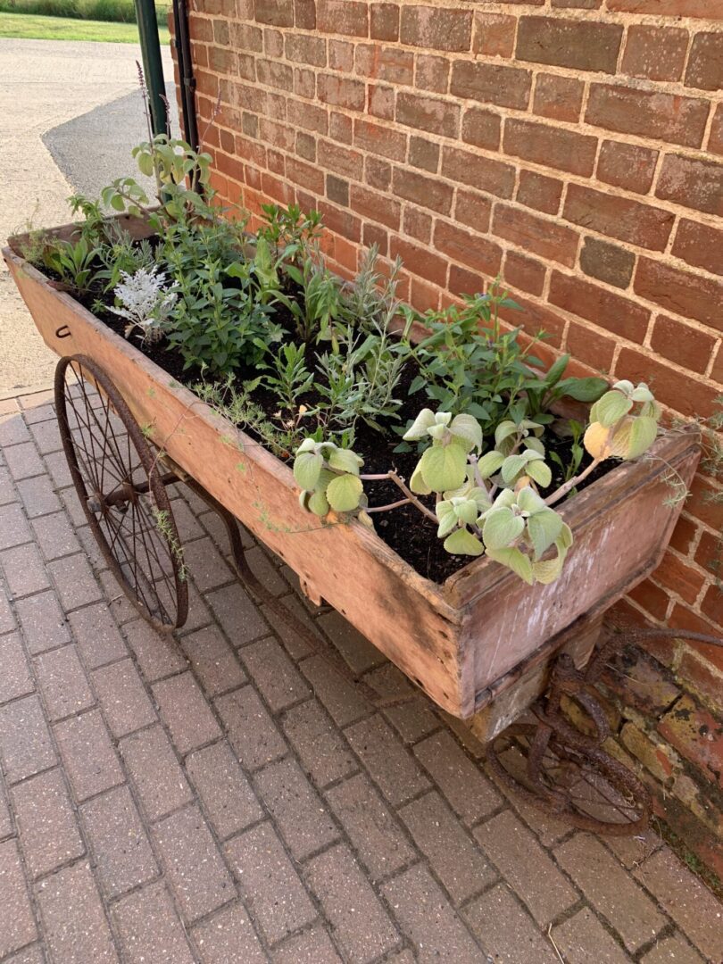 A wooden planter on wheels with plants in it.