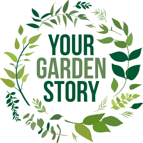 A green wreath with leaves and the words " your garden story ".