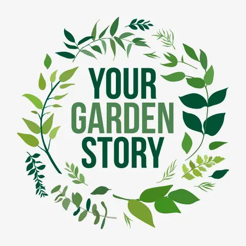 A green wreath with leaves and the words " your garden story ".