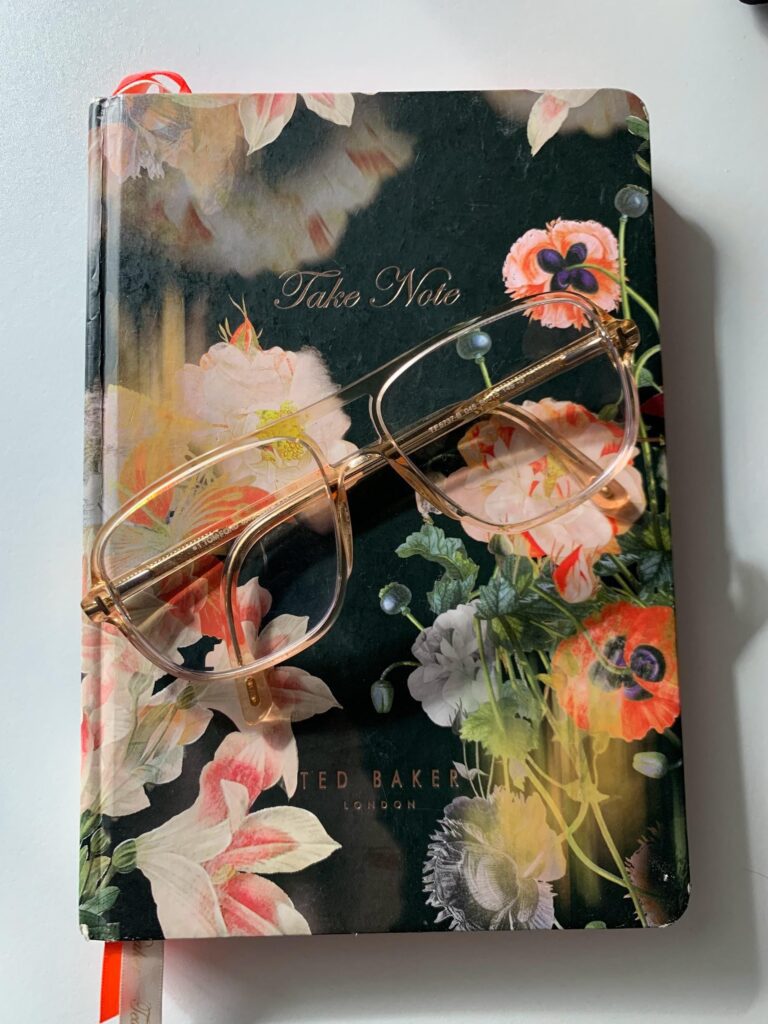 A book with glasses on top of it.