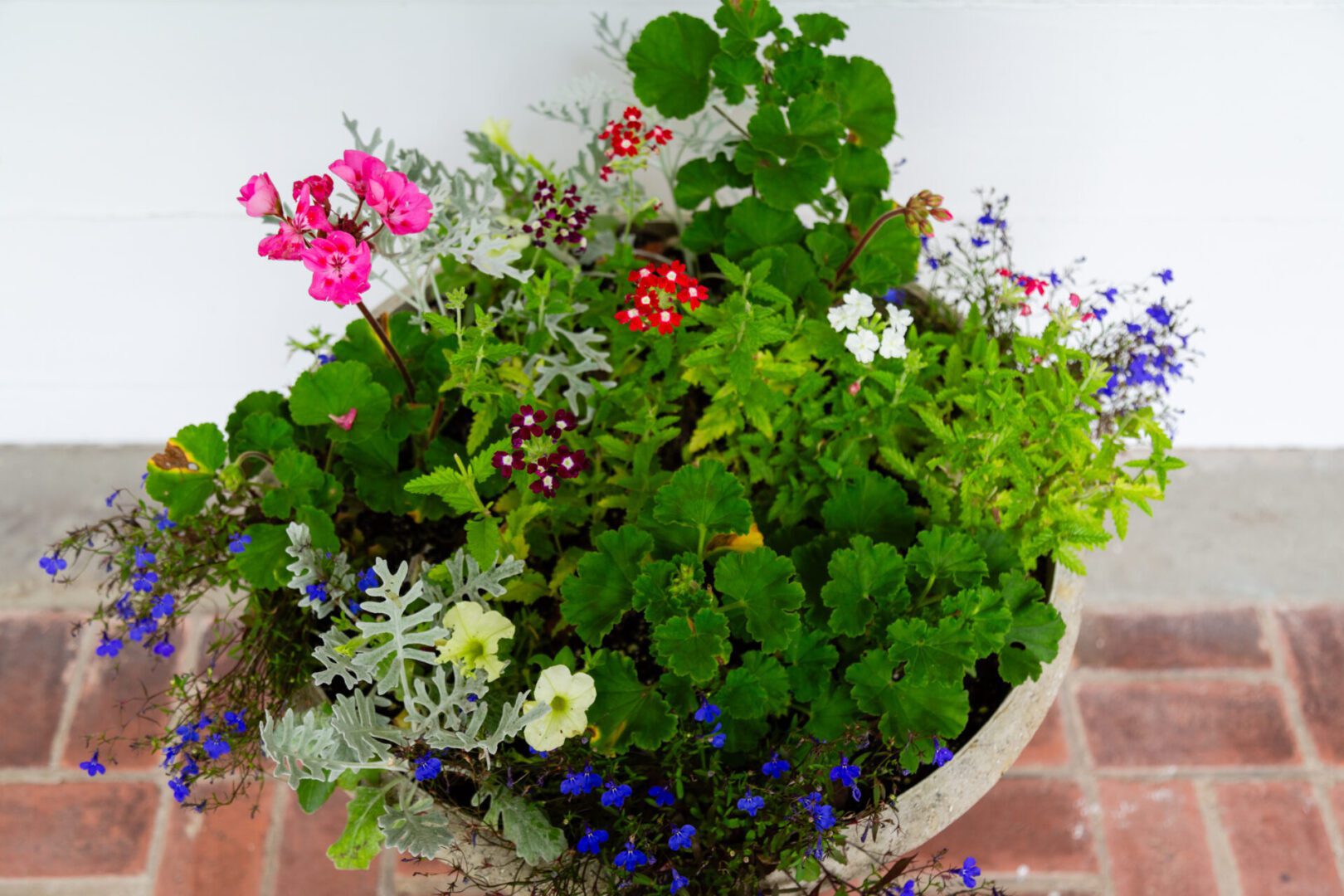 A bowl of flowers on the ground