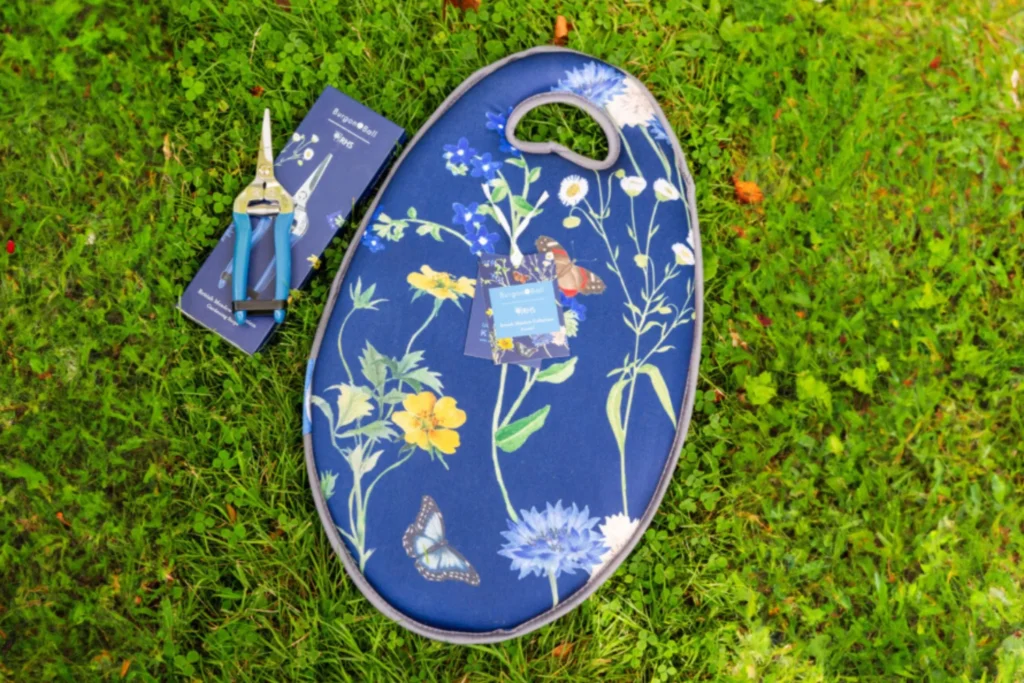 A blue oval shaped bag sitting on top of grass.