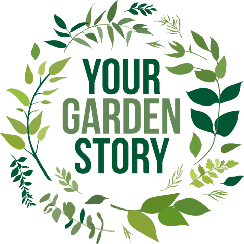 A green wreath with leaves and the words " your garden story ".