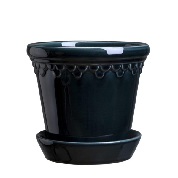 A black ceramic planter with a saucer.