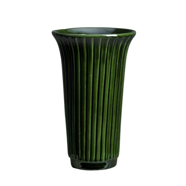 A green vase with a tall ribbed design.