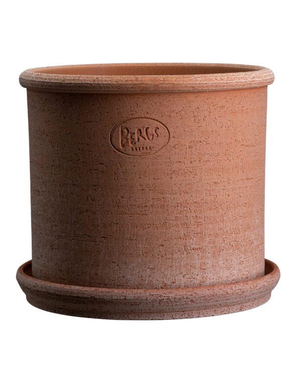 A brown pot with a saucer on top of it.