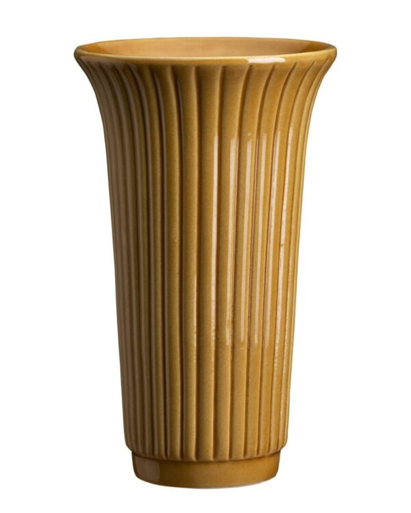 A tall yellow vase with a large ribbed design.