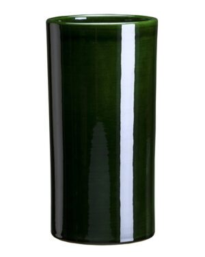 A tall green glass vase with a black top.