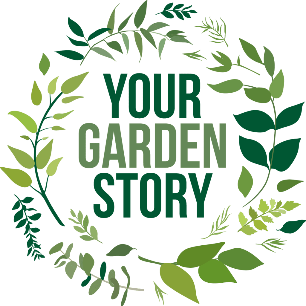 A green wreath with leaves and the words " your garden story ".