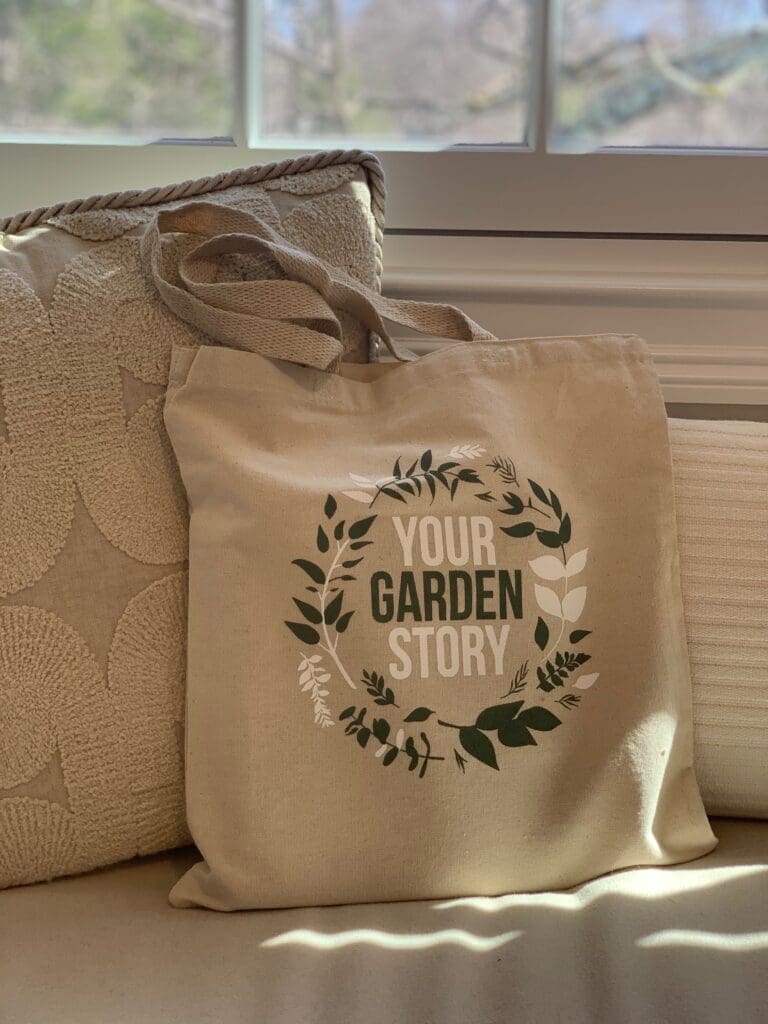 Tote bag with "Your Garden Story" design.
